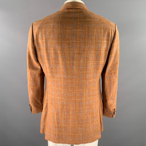 ISAIA Size 46 Orange Blue Camel Plaid Wool Blend Notch Lapel Sport Coat