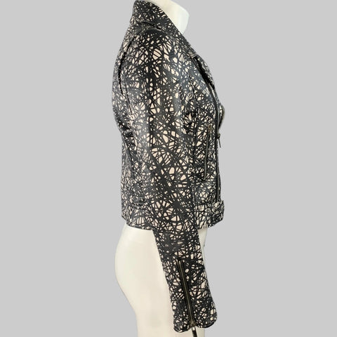 BALENCIAGA Size 34 Black White Marbled Lambskin Leather Motorcycle Jacket