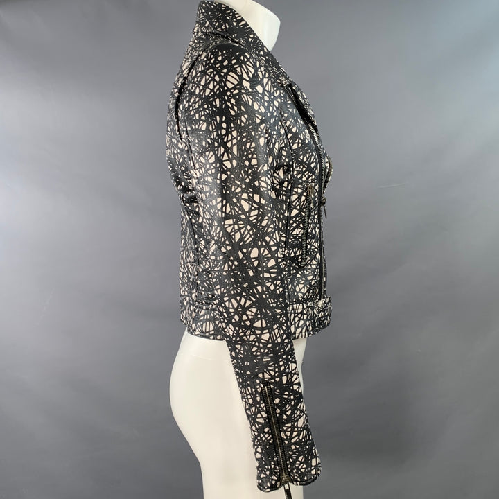 BALENCIAGA Size 34 Black White Marbled Lambskin Leather Motorcycle Jacket