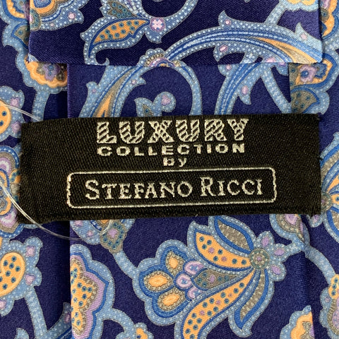 Cravate STEFANO RICCI en soie à motif cachemire bleu marine et or