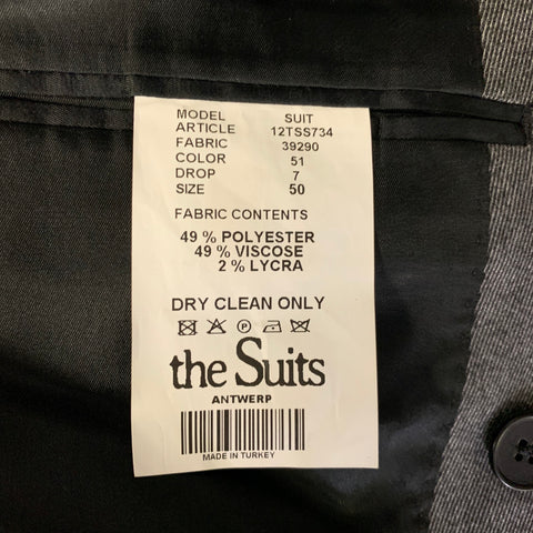 THE SUITS ANTWERP Chest Size 40 Grey Stripe Polyester Blend Peak Lapel 34 Suit