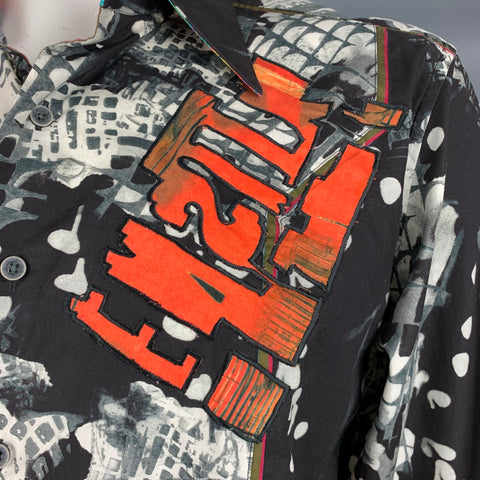 ROBERT GRAHAM Talla L Camisa de manga larga de algodón con apliques naranja blanco negro