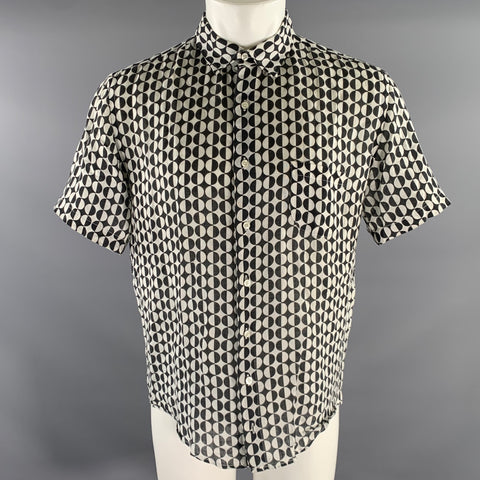 PENINSULA Size XL White Black Geometric Linen Short Sleeve Shirt