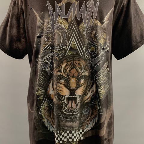 BALMAIN Size XL Black Tan Distressed Cotton T Shirt