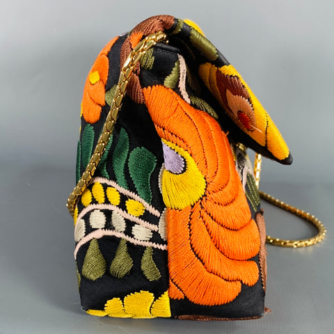 TOM FORD Black Multi Color Embroidered Leather Handbag