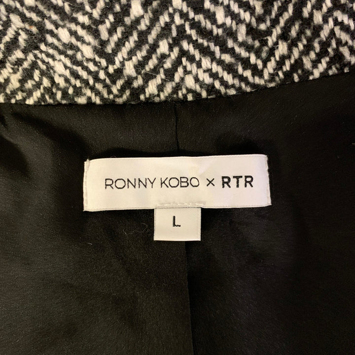 RONNY KOBO Taille L Noir Blanc Polyester Laine Manteau Croisé à Chevrons