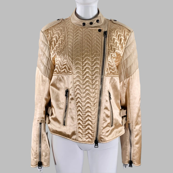 TOM FORD Size 8 Beige Viscose Quilted Leather Biker Jacket