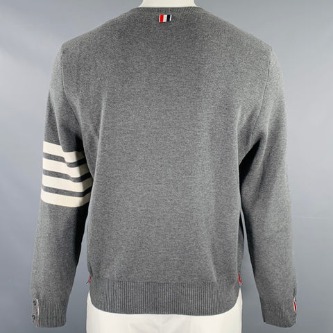 THOM BROWNE Size XL Grey White Knit Cotton Crew Neck Pullover