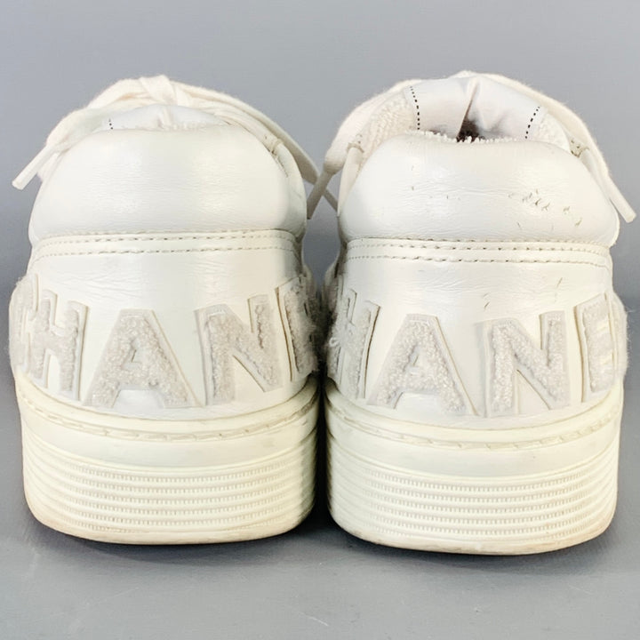 CHANEL Size 9 White Perforated Leather Logo Lace-Up Sneakers