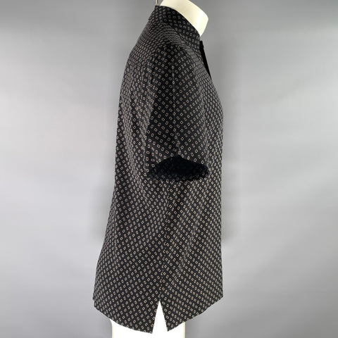 THEORY Size M Black Beige Geometric Silk spandex Button Up Short Sleeve Shirt