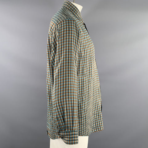ERMENEGILDO ZEGNA Size L Orange Blue & Grey Checkered Long Sleeve Shirt