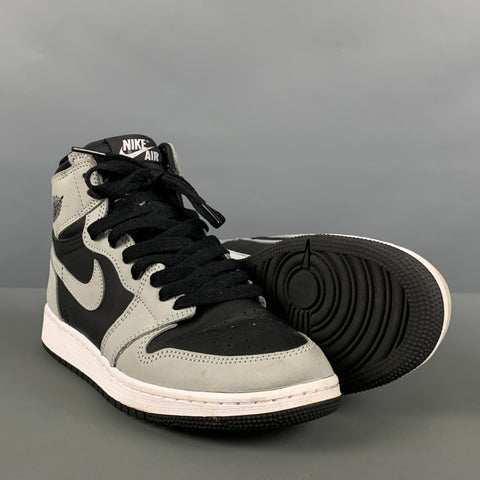 NIKE Size 6Y Grey Black Color Block Leather High Top Sneakers