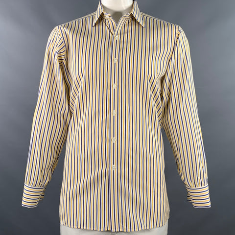 TURNBULL & ASSER Vintage Size L White Navy Yellow Stripe Cotton French Cuff Long Sleeve Shirt
