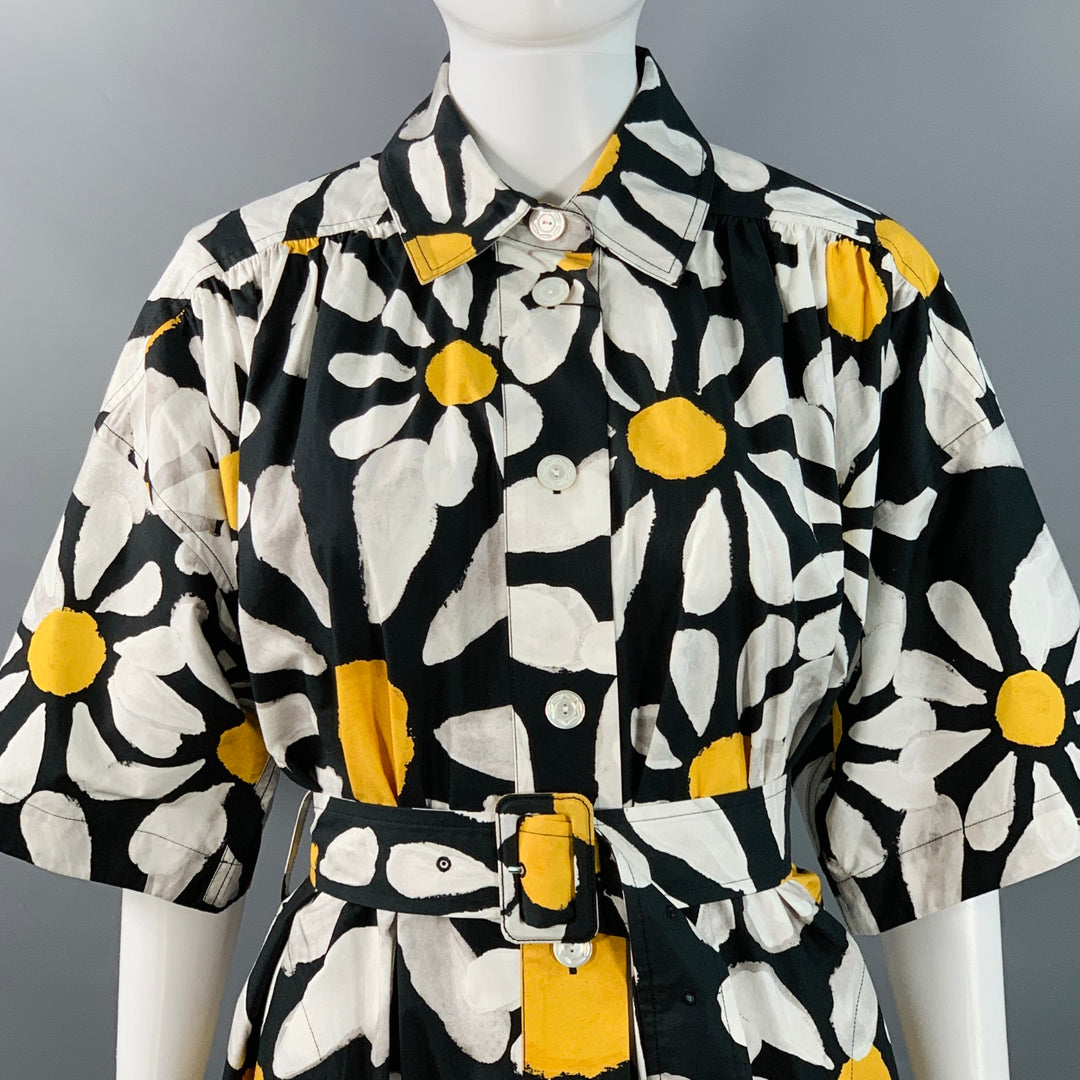 marni floral mini dress MARNI Size 2 Euphoria Black White Yellow Poplin Floral Pockets Belted – Sui  Generis Designer Consignment