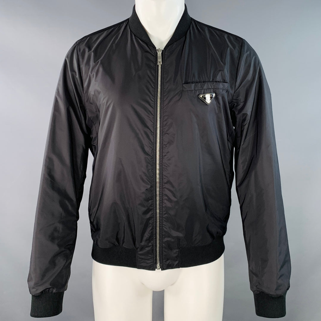 PRADA Size 38 Black Reversible Lambskin Leather Nylon Bomber Jacket
