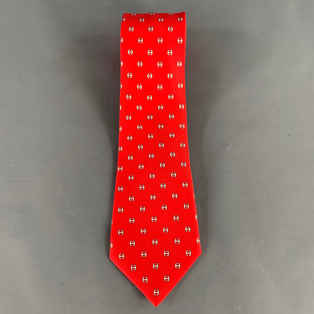 HERMES Red White Monogram Silk Tie