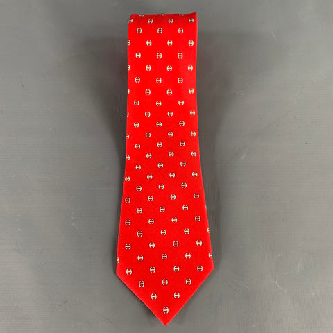 HERMES Red White Monogram Silk Tie