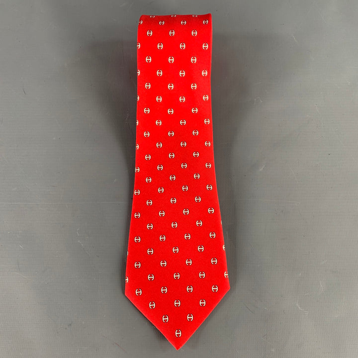 HERMES Red White Monogram Silk Tie