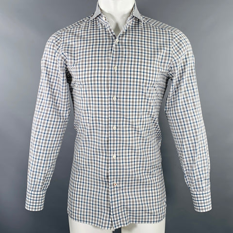 ISAIA Size M White Green Plaid Cotton Spread Collar Long Sleeve Shirt