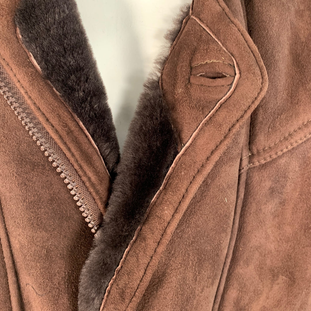 ORVIS Size L Brown Suede Shearling Lined Zip Buttons Coat