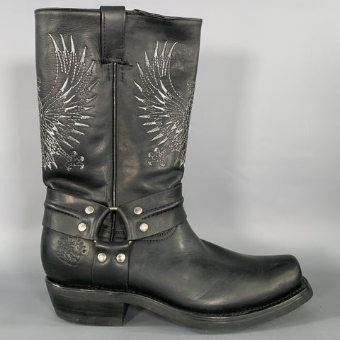 GRINDERS Size 9.5 Black Grey Birds Leather Biker Boots