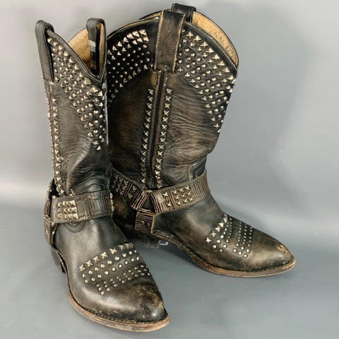 FRYE Size 8 Black Distressed Leather Studded Pull On Cowboy Boots