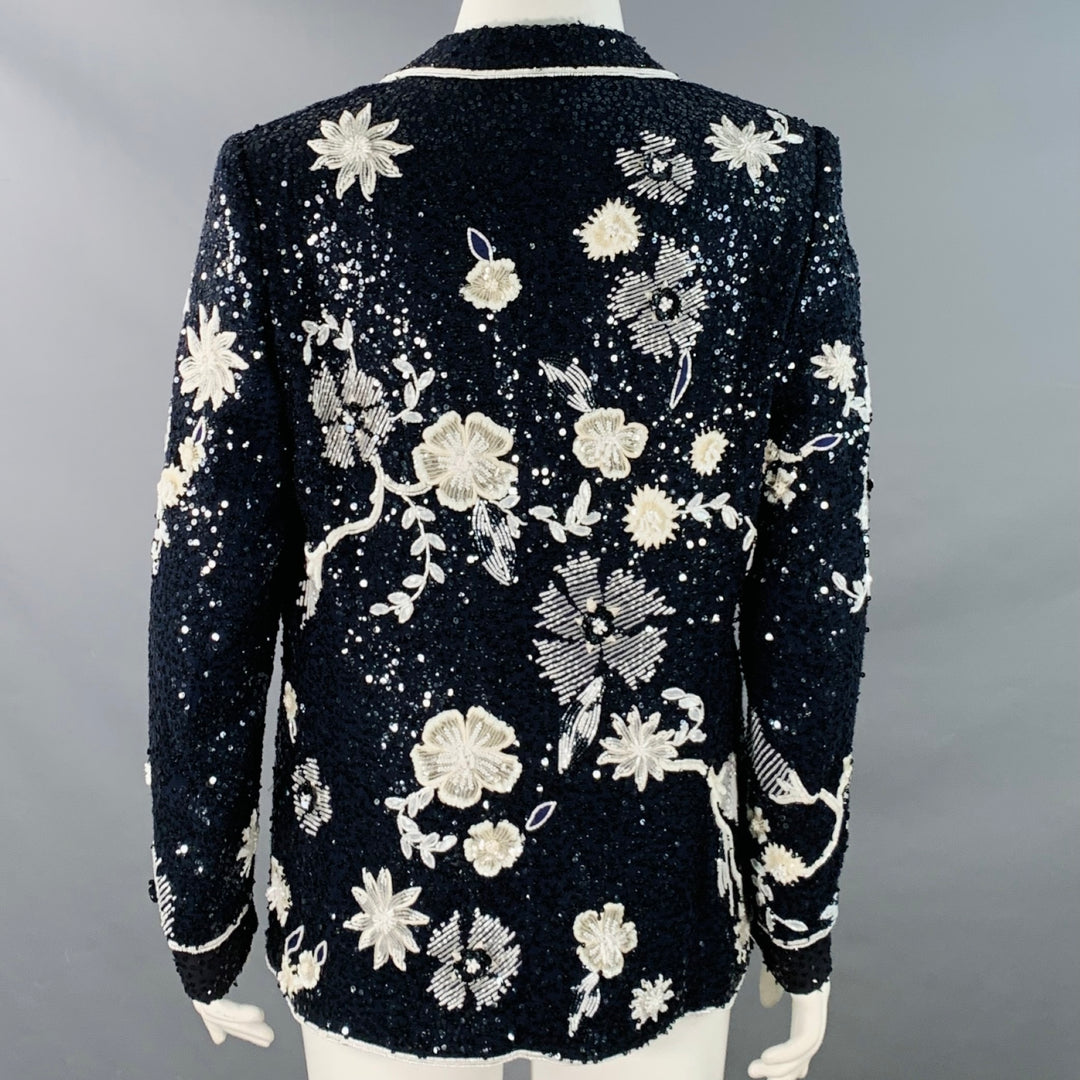 ESCADA Size L Navy Black White Sequined Beaded Floral Jacket Blazer