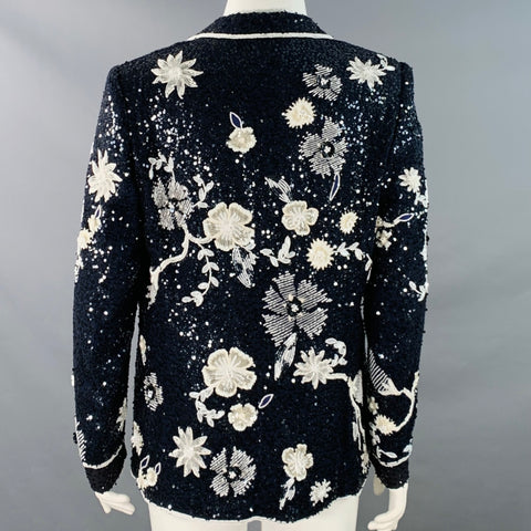 ESCADA Size L Navy Black White Sequined Beaded Floral Jacket Blazer