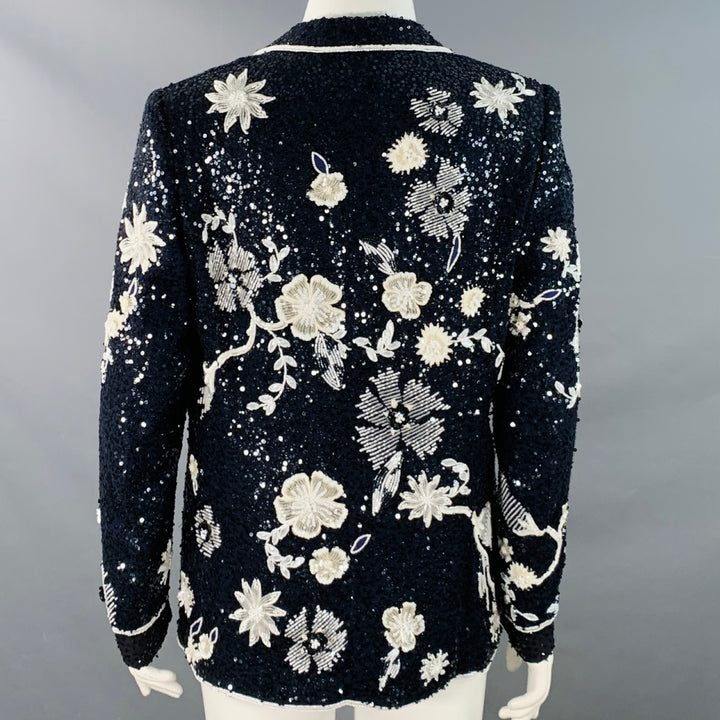 ESCADA Size L Navy Black White Sequined Beaded Floral Jacket Blazer