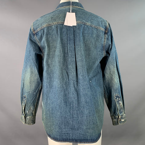 HELMUT LANG Size M Indigo Painter Blue Paint Splatter Cotton One Pocket Snaps Jacket