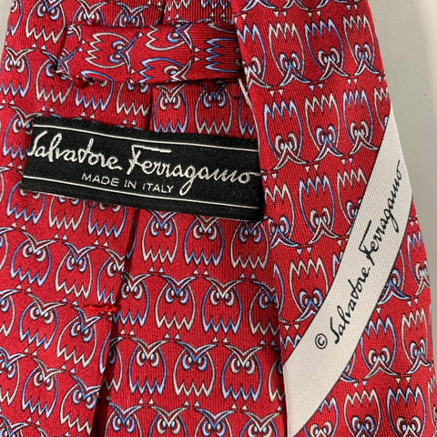 SALVATORE FERRAGAMO Red Blue Owls Silk Tie