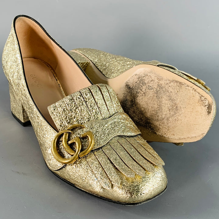 GUCCI Size 7.5 Metallic Gold Leather Textured Eyelash Fringed Pumps