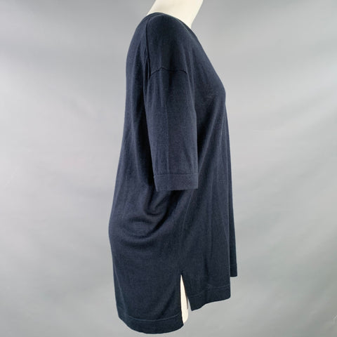 JARBO Size 2 Navy Silk Cashmere Short Sleeve Crew Neck Oversized T-shirt Casual Top