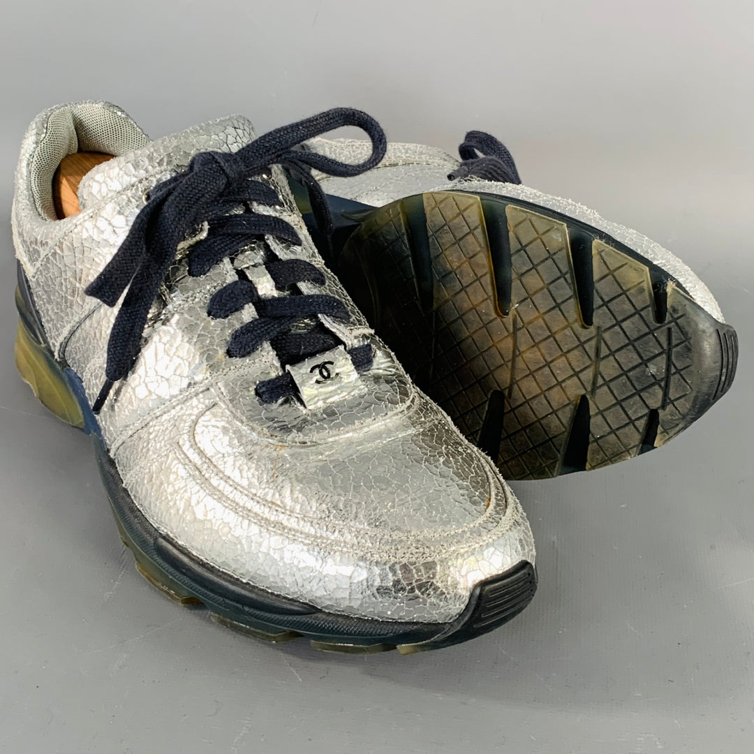 CHANEL Size 11 Metallic Silver Navy Crackled Leather Lace-Up Sneakers