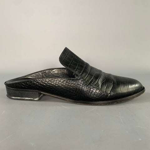 ROBERT CLERGERIE Size 10.5 Black Leather Croc Embossed Embossed Mules Flats