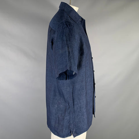 ERMENEGILDO ZEGNA Size L Navy Linen One Pocket Short Sleeve Shirt