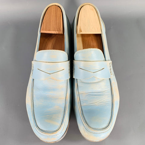 JOHN FLUEVOG Size 10 Light Blue Distressed Leather Penny Loafers