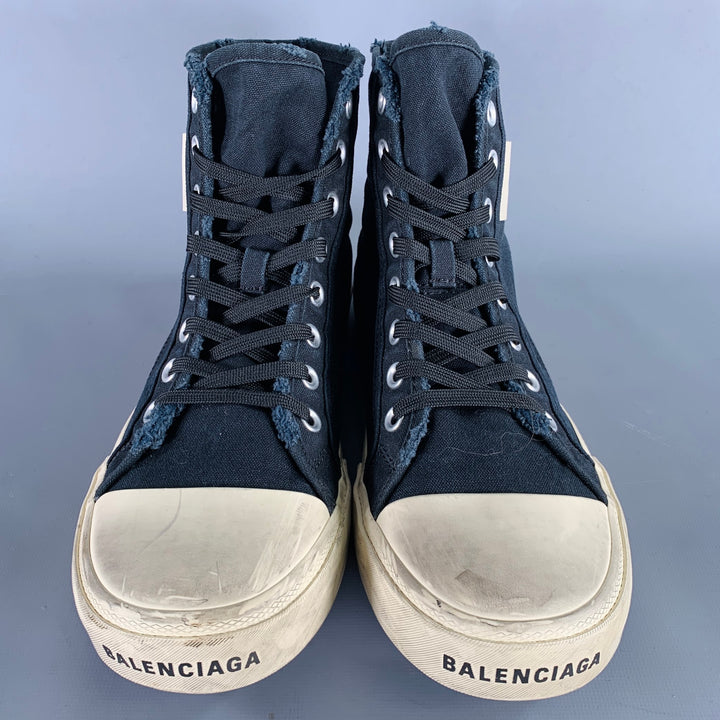BALENCIAGA Size 9 -Paris High Top- Black White Distressed Canvas Sneakers