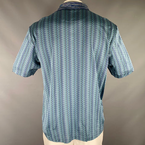 JHANE BARNES Size L Blue Green Zig Zag Silk Short Sleeve Polo
