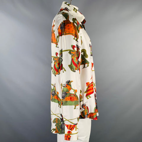 BILLIONAIRE COUTURE Size XL White Green Orange Print Silk Long Sleeve Shirt