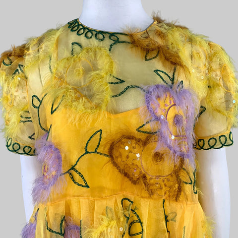 ASHISH Size L Yellow Lavender Floral Organza Ostrich Cocktail Dress
