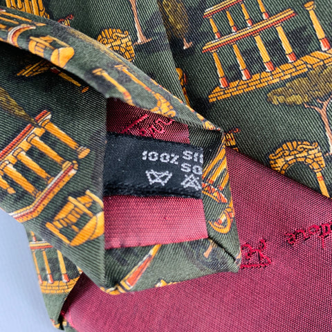 SALVATORE FERRAGAMO Gold Dark Green Greek Architecture Silk Tie