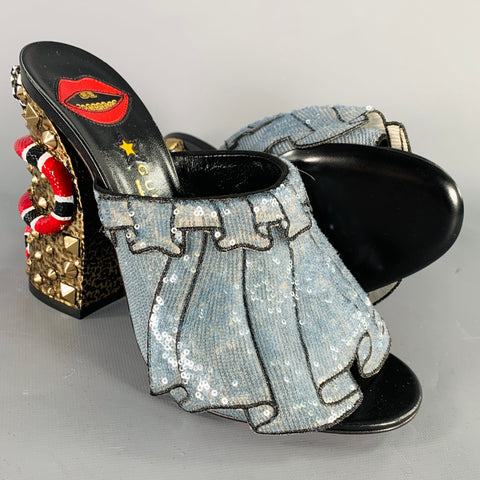 GUCCI Size 8 Trompe L'oeil Blue Red Gold Beaded Mules Sandals