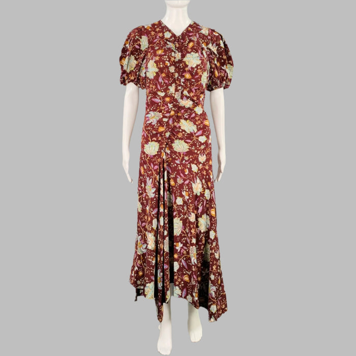 Robe courte en soie à manches courtes ULLA JOHNSON taille 4, modèle Heleen, motif floral multicolore bordeaux
