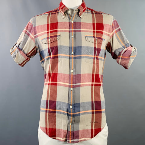 GANT Size L Red Green Madras Plaid Cotton Button Down Collar Long Sleeve Shirt