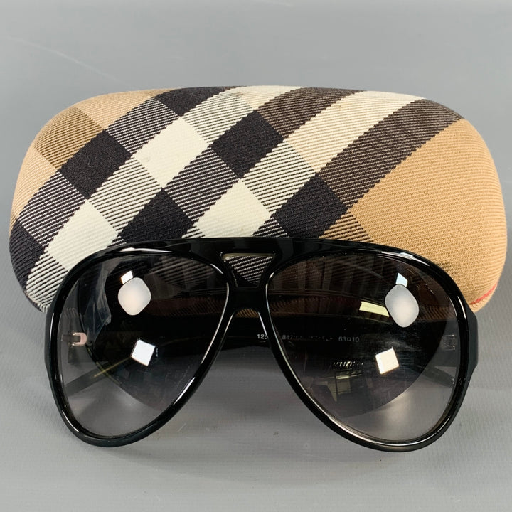 BURBERRY Black Acetate Oversized Wrap Around Aviator Sunglasses