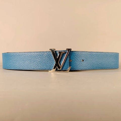 LOUIS VUITTON Size 38 LV Initiales Blue Grey Pebble Grain Leather Reversible Belt