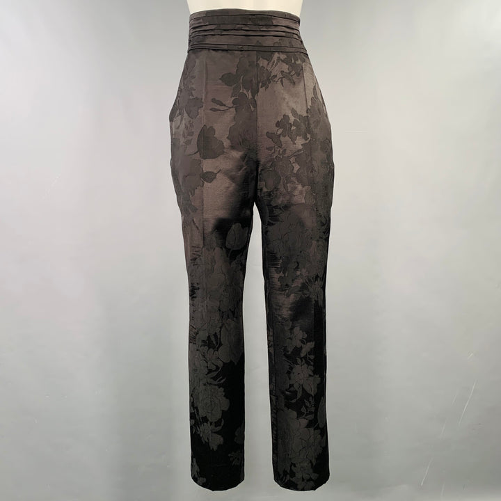 ERDEM Size 8 Helga Black Wool Blend Floral Flat Front Dress Pants
