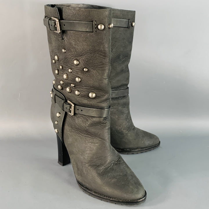 RALPH LAUREN COLLECTION Size 8.5 Black Studded Stacked Heel Pull On Boots