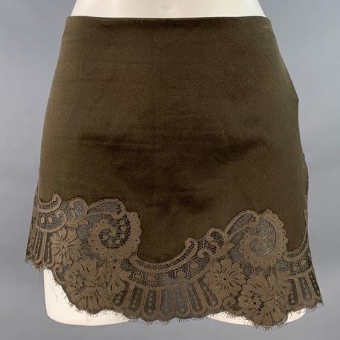 VANESSA BRUNO Size 0 Green Olive Silk Blend Lace Scalloped Hem Mini Skirt
